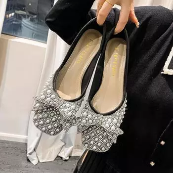 Женские роскошные туфли-лодочки весна-лето новые повседневные туфли на высоком каблуке с бантом и квадратным узором женские мокасины со стразами и жемчугом 35-43 Tacones 35 чёрный