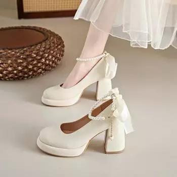Женские роскошные туфли Мэри Джейн на платформе, весенние новые туфли с жемчужным бантом на мелком удобном толстом каблуке, туфли-лодочки Zapatos De Mujer 35