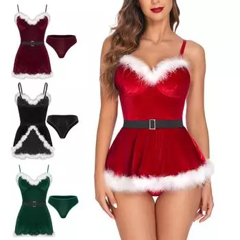 Женские рождественские бархатные костюмы Санта-Клауса, плюшевая отделка перьями, V-образный вырез, платье-комбинация с трусами, пояс, ночная рубашка, клубная одежда S