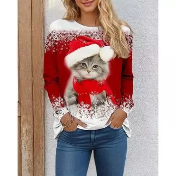 Женские рождественские футболки с забавным рисунком кота, с длинным рукавом, с рождественскими снежинками, 3D-принтом, уличные женские повседневные топы 3XL размера плюс S