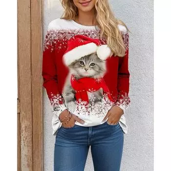 Женские рождественские футболки с забавным рисунком кота, с длинным рукавом, с рождественскими снежинками, 3D-принтом, уличные женские повседневные топы 8XL размера плюс S