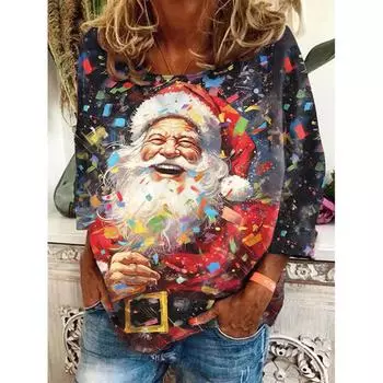 Женские рождественские хлопковые футболки с длинным рукавом и принтом Санта-Клауса, топы с рождественским принтом, модная женская одежда больших размеров, женский топ S