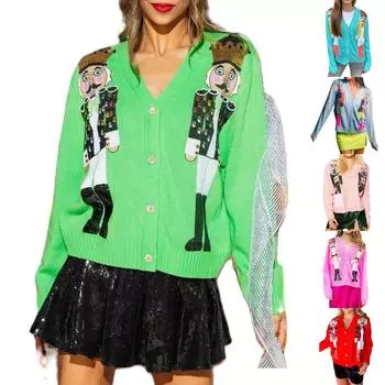 Женские рождественские кардиганы, свитера с 3D-графикой, пайетками, длинными рукавами, открытыми спереди, трикотажные кардиганы, свитера с галстуком-бабочкой L синий