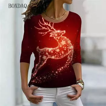 Женские рождественские модные футболки с длинным рукавом, осенне-зимние, с абстрактным рисунком оленя, 3D-принтом, уличная футболка, свободные повседневные топы S