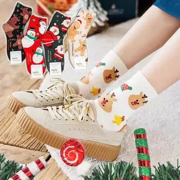 Женские рождественские носки средней длины, милые носки с Санта-Клаусом, носки до середины голени, носки со снеговиком и лосем one size чёрный