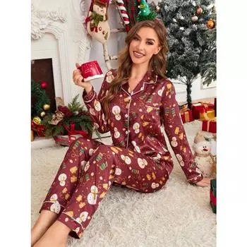Женские рождественские перчатки и элегантный атласный пижамный комплект с принтом йети, брюки с длинным рукавом, повседневная домашняя одежда, пуговицы спереди S