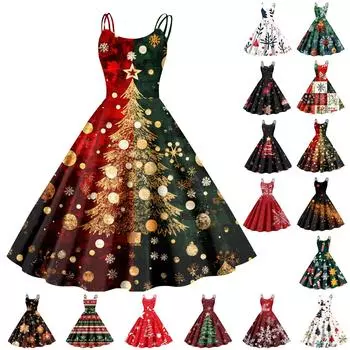 Женские рождественские подарки, напечатанная шапка Санты, сексуальное платье с открытыми плечами в стиле панк-винтаж L армия зеленый