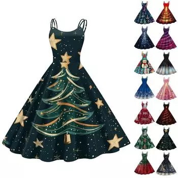 Женские рождественские подарки, напечатанная шапка Санты, сексуальное платье с открытыми плечами в стиле панк-винтаж L армия зеленый