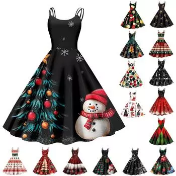 Женские рождественские подарки, напечатанная шапка Санты, сексуальное платье с открытыми плечами в стиле панк-винтаж L армия зеленый