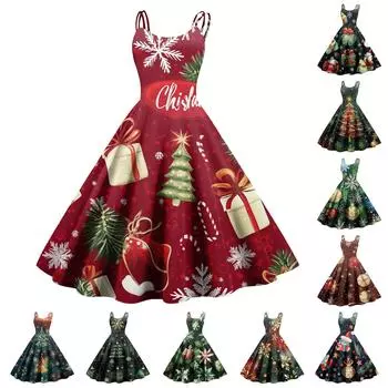 Женские рождественские подарки, напечатанная шапка Санты, сексуальное платье с открытыми плечами в стиле панк-винтаж L армия зеленый