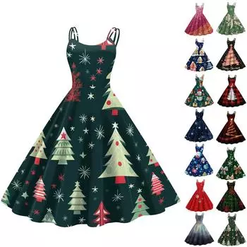 Женские рождественские подарки, напечатанная шапка Санты, сексуальное платье с открытыми плечами в стиле панк-винтаж L армия зеленый