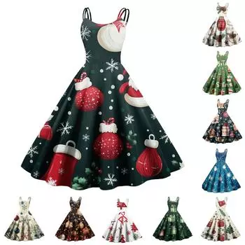 Женские рождественские подарки, напечатанная шапка Санты, сексуальное платье с открытыми плечами в стиле панк-винтаж L армия зеленый