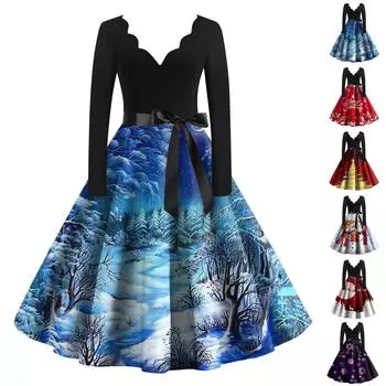 Женские рождественские повседневные модные винтажные платья с v-образным вырезом и длинными рукавами с принтом L синий