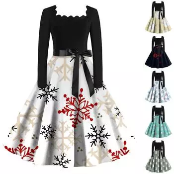 Женские рождественские повседневные модные винтажные платья с квадратным вырезом и длинными рукавами с принтом XXL бежевый