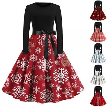Женские рождественские повседневные модные винтажные платья с круглым вырезом и длинными рукавами с принтом XL красный