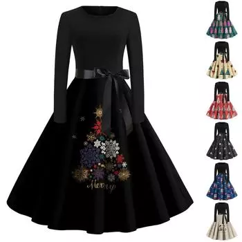 Женские рождественские повседневные модные винтажные платья с круглым вырезом и длинными рукавами с принтом XXL чёрный
