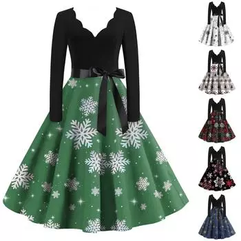 Женские рождественские повседневные модные винтажные платья с v-образным вырезом и длинными рукавами с принтом L чёрный