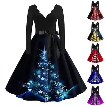 Женские рождественские повседневные модные винтажные платья с v-образным вырезом и длинными рукавами с принтом M