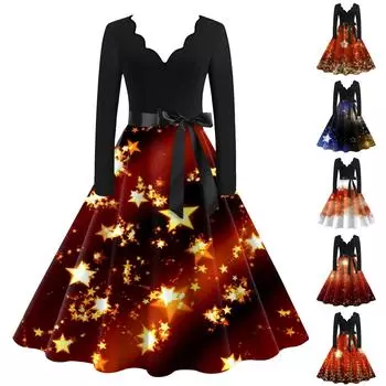 Женские рождественские повседневные модные винтажные платья с v-образным вырезом и длинными рукавами с принтом L синий