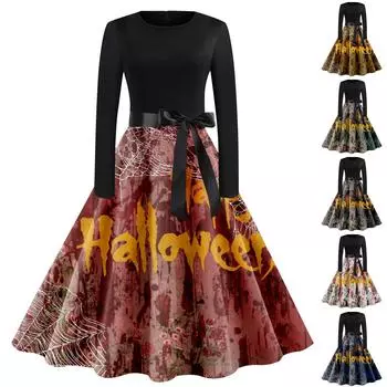 Женские рождественские повседневные модные винтажные платья с v-образным вырезом и длинными рукавами с принтом XXL