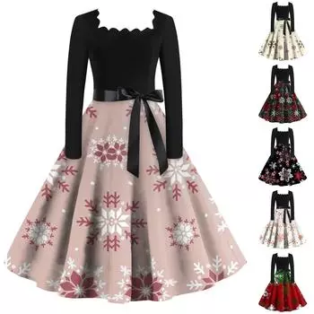 Женские рождественские повседневные модные винтажные платья с квадратным вырезом и длинными рукавами с принтом XXL бежевый