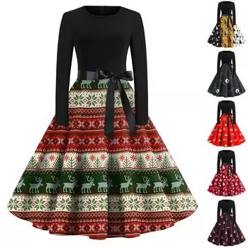 Женские рождественские повседневные модные винтажные платья с круглым вырезом и длинными рукавами с принтом S красный