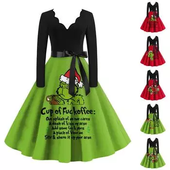 Женские рождественские повседневные модные винтажные платья с v-образным вырезом и длинными рукавами с принтом S