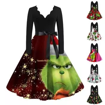 Женские рождественские повседневные модные винтажные платья с v-образным вырезом и длинными рукавами с принтом XL
