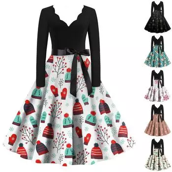 Женские рождественские повседневные модные винтажные платья с v-образным вырезом и длинными рукавами с принтом L бежевый