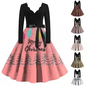 Женские рождественские повседневные модные винтажные платья с v-образным вырезом и длинными рукавами с принтом M хаки