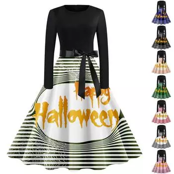 Женские рождественские повседневные модные винтажные платья с v-образным вырезом и длинными рукавами с принтом S