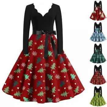 Женские рождественские повседневные модные винтажные платья с v-образным вырезом и длинными рукавами с принтом L