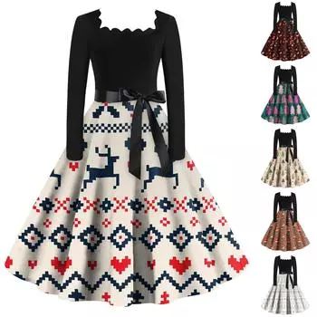 Женские рождественские повседневные модные винтажные платья с квадратным вырезом и длинными рукавами с принтом M зелёный