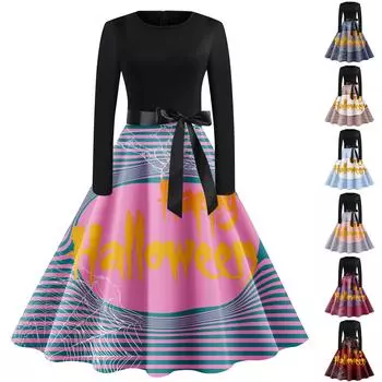 Женские рождественские повседневные модные винтажные платья с v-образным вырезом и длинными рукавами с принтом XXXL