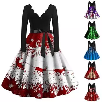 Женские рождественские повседневные модные винтажные платья с v-образным вырезом и длинными рукавами с принтом XL синий