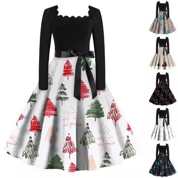 Женские рождественские повседневные модные винтажные платья с квадратным вырезом и длинными рукавами с принтом L чёрный