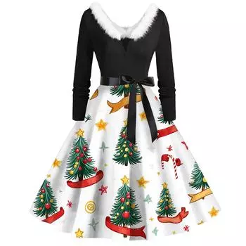 Женские рождественские принты с длинным рукавом и V-образным вырезом больших размеров вечерние выпускные платья L бежевый