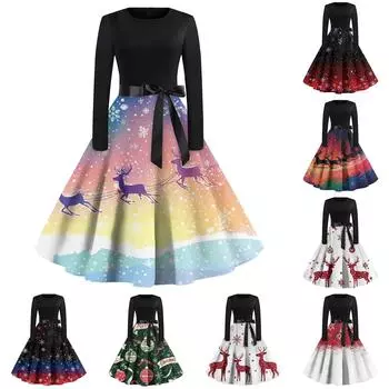 Женские рождественские принты с длинным рукавом и круглым вырезом больших размеров вечерние выпускные платья L синий