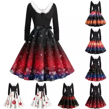 Женские рождественские принты с длинным рукавом и V-образным вырезом больших размеров вечерние выпускные платья XXXL