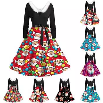 Женские рождественские принты с длинным рукавом и V-образным вырезом больших размеров вечерние выпускные платья XXXL