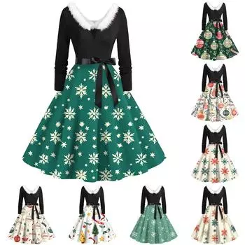 Женские рождественские принты с длинным рукавом и V-образным вырезом больших размеров вечерние выпускные платья XXL белый