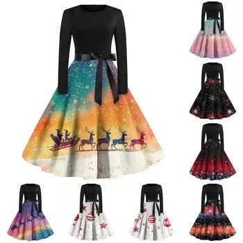 Женские рождественские принты с длинным рукавом и круглым вырезом больших размеров вечерние выпускные платья L бежевый