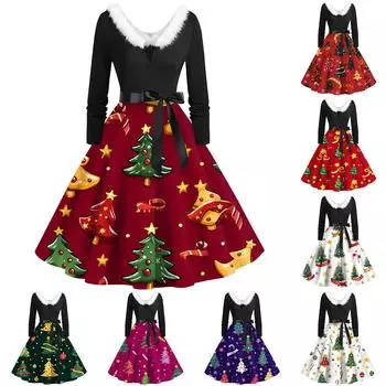 Женские рождественские принты с длинным рукавом и V-образным вырезом больших размеров вечерние выпускные платья XXXL