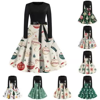 Женские рождественские принты с длинным рукавом и круглым вырезом больших размеров вечерние выпускные платья XL