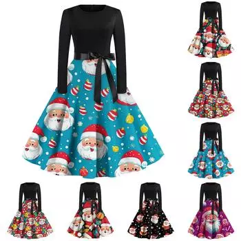 Женские рождественские принты с длинным рукавом и круглым вырезом больших размеров вечерние выпускные платья L чёрный