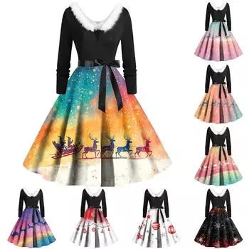 Женские рождественские принты с длинным рукавом и V-образным вырезом больших размеров вечерние выпускные платья L чёрный