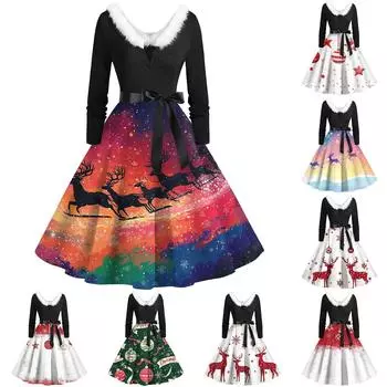 Женские рождественские принты с длинным рукавом и V-образным вырезом больших размеров вечерние выпускные платья L темно-зеленого