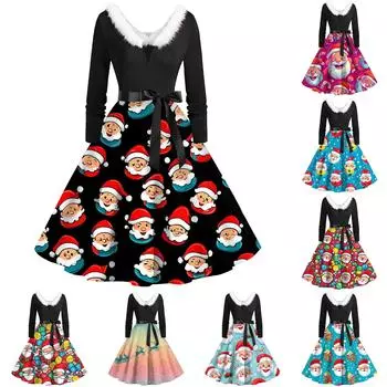 Женские рождественские принты с длинным рукавом и V-образным вырезом больших размеров вечерние выпускные платья XXL чёрный