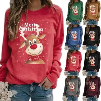 Женские рождественские тематические пуловеры с принтом, повседневная свободная тонкая толстовка с капюшоном, женская облегающая толстовка S