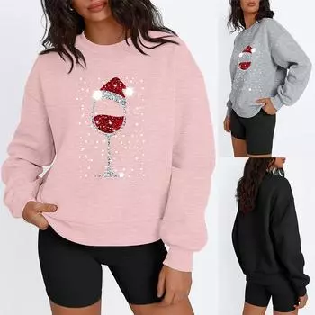 Женские рождественские топы больших размеров с блестящими пайетками и рисунком оленей, с длинными рукавами, круглым вырезом, свободным кроем, с праздничным принтом, свитшоты S чёрный